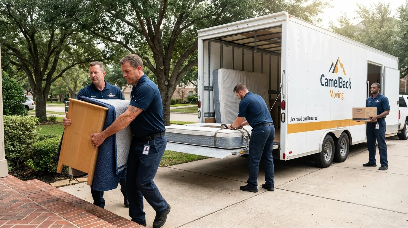 Crew loading residential truck for cross-state move from Highland, IL