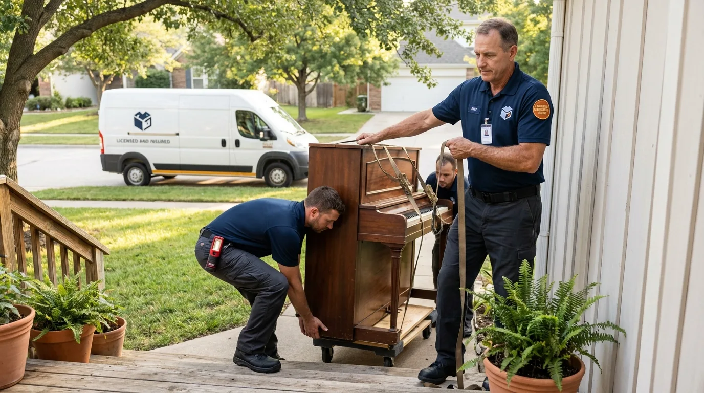 Licensed piano movers securing grand piano in Highland, IL