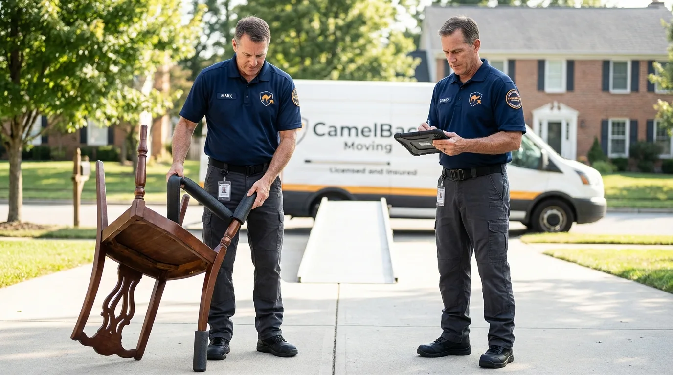 Movers inspecting furniture for damage prevention before loading in Highland, IL