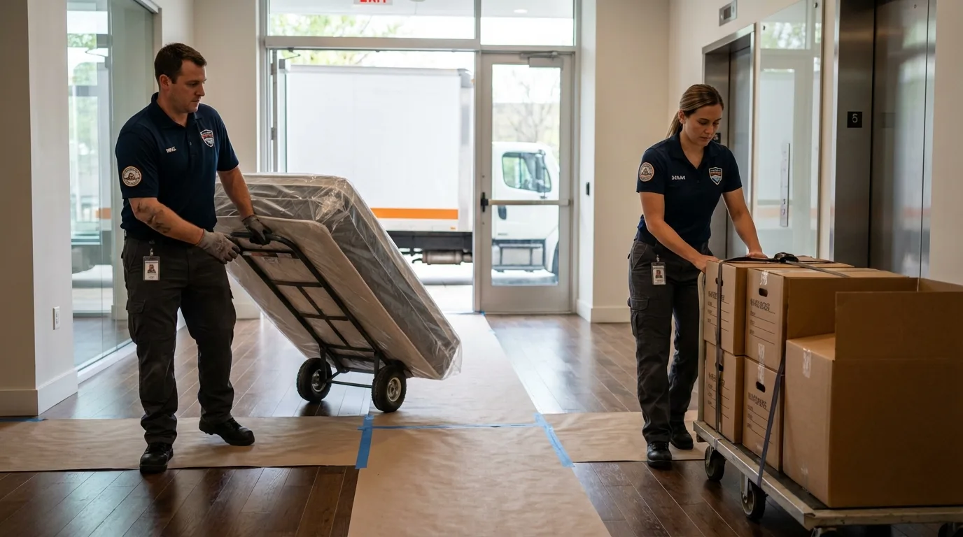 Professional apartment movers loading elevator in Highland, IL