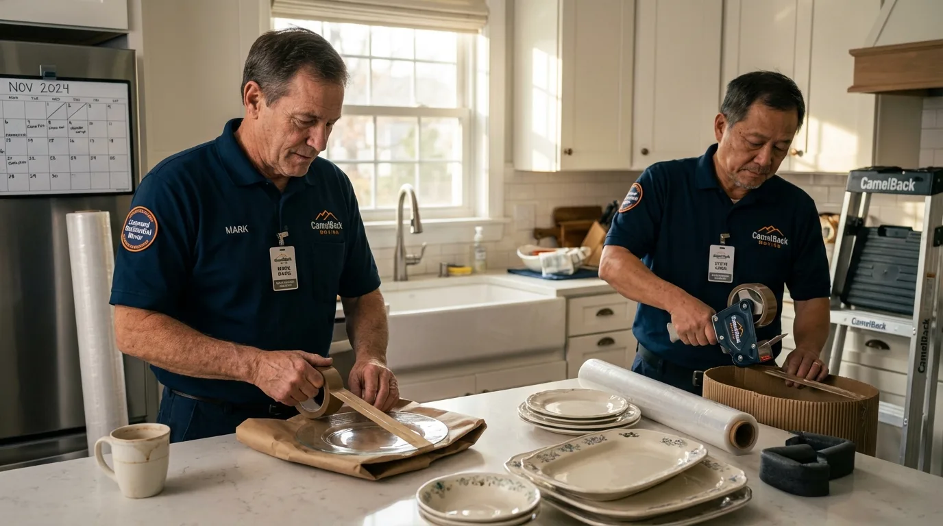 Professional crew packing kitchen dishware in Highland, IL